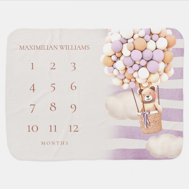 Lavender Bear Balloons Milestone Baby Blanket (Horizontal)
