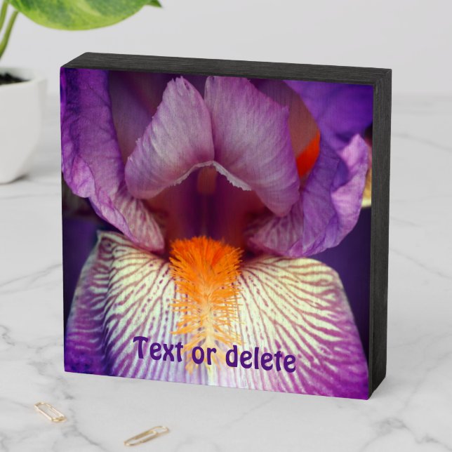 Lavender Bearded Iris Flower Petal Personalized Wooden Box Sign (In Situ Horizontal)