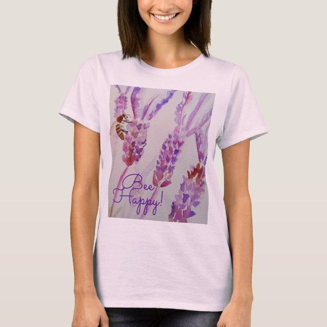 Lavender Bee Happy Herb Watercolor Flower T-Shirt (Front)