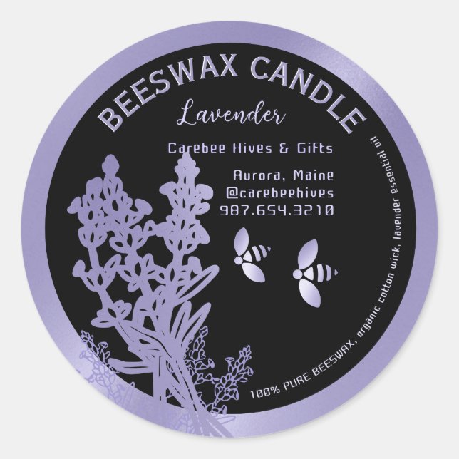 Lavender Beeswax Candle Label with flowers & bees (Front)