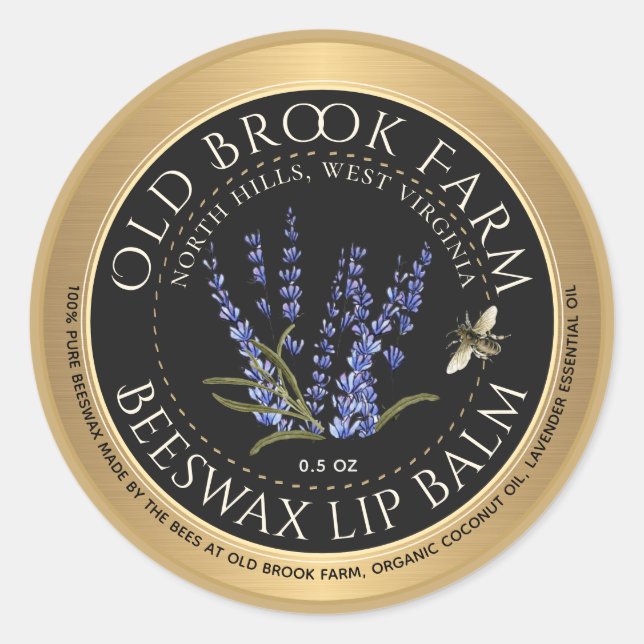 Lavender Beeswax Lip Balm Gold Black with Bee Classic Round Sticker (Front)
