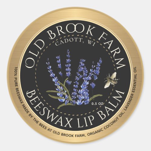 Lavender Beeswax Lip Balm Gold Black with Bee Classic Round Sticker