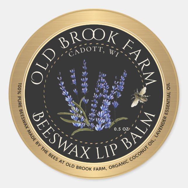 Lavender Beeswax Lip Balm Gold Black with Bee Classic Round Sticker (Front)