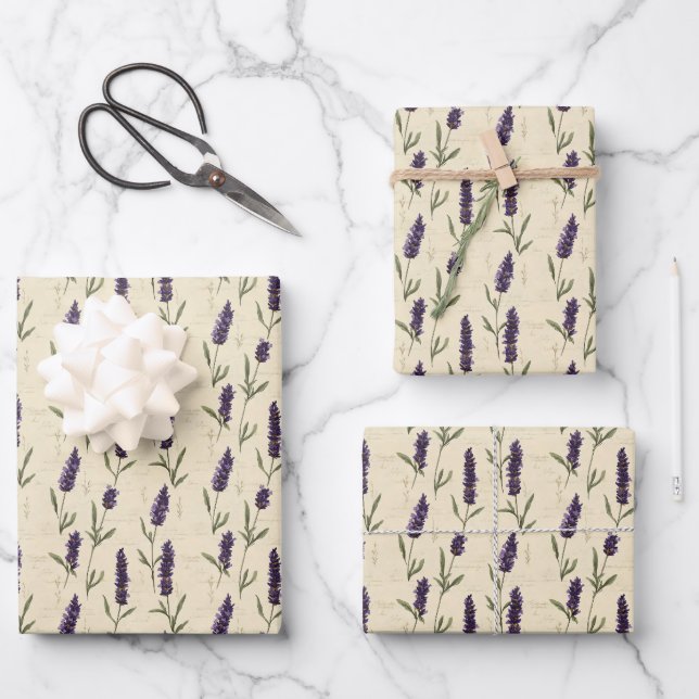 Lavender Beige Floral Botanical Purple Beige  Wrapping Paper Sheets (Front)