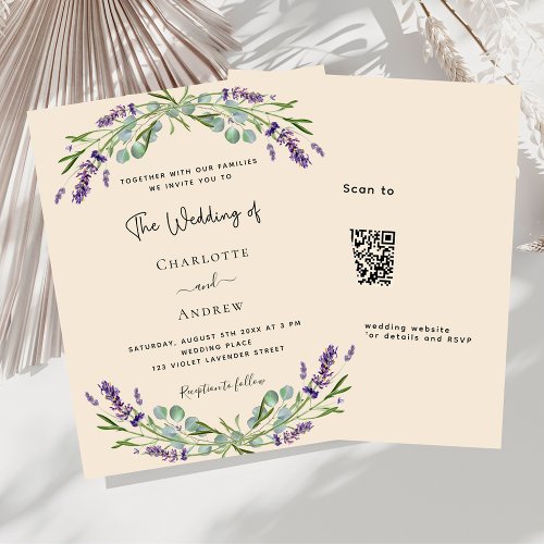 Lavender beige QR RSVP budget wedding invitation