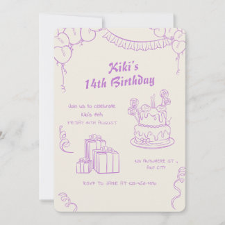 Lavender Beige Whimsical 14th Birthday Celebration Invitation