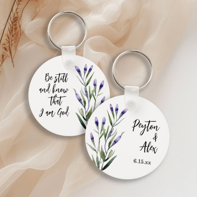 Lavender Bible Verse Christian Wedding Guest Favor Keychain ("Be still and know that I am God" lavender on white custom keychain)