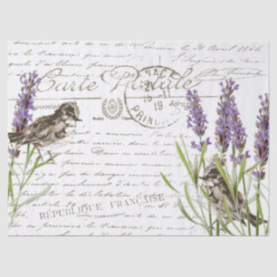 Lavender Bird Postcard French Script Decoupage  Tissue Paper