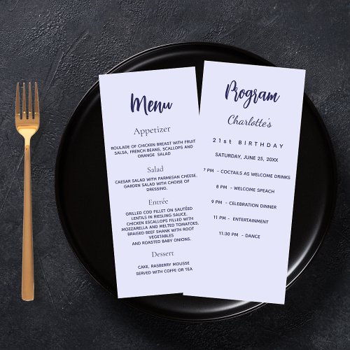 Lavender birthday program dinner menu card