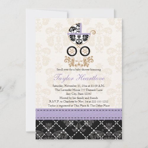 LAVENDER BLACK DAMASK BABY CARRIAGE BABY SHOWER INVITATION