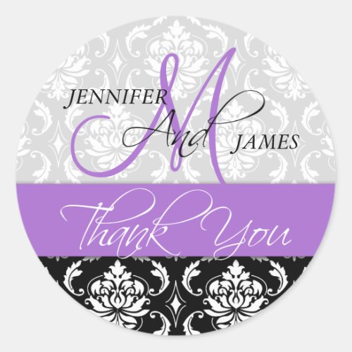 Lavender Black Damask Wedding Favor Sticker