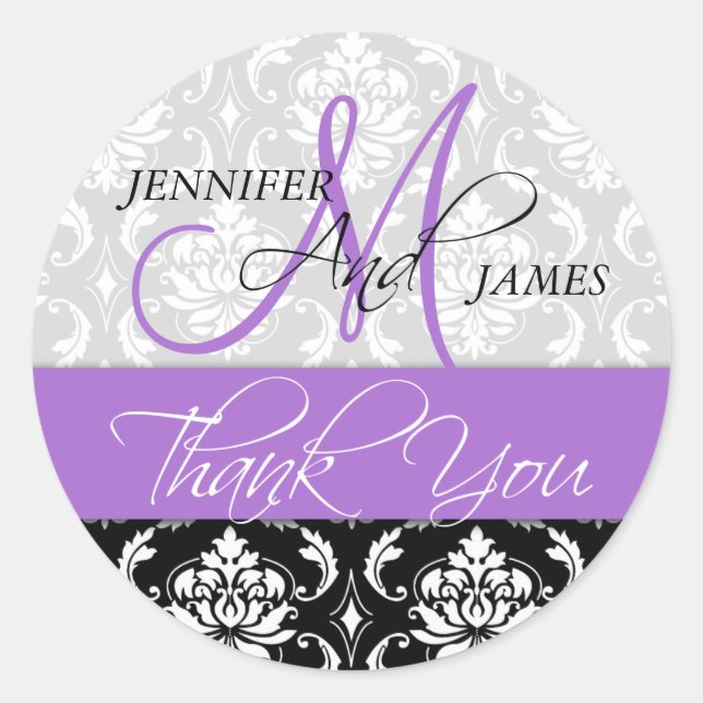 Lavender Black Damask Wedding Favor Sticker (Front)