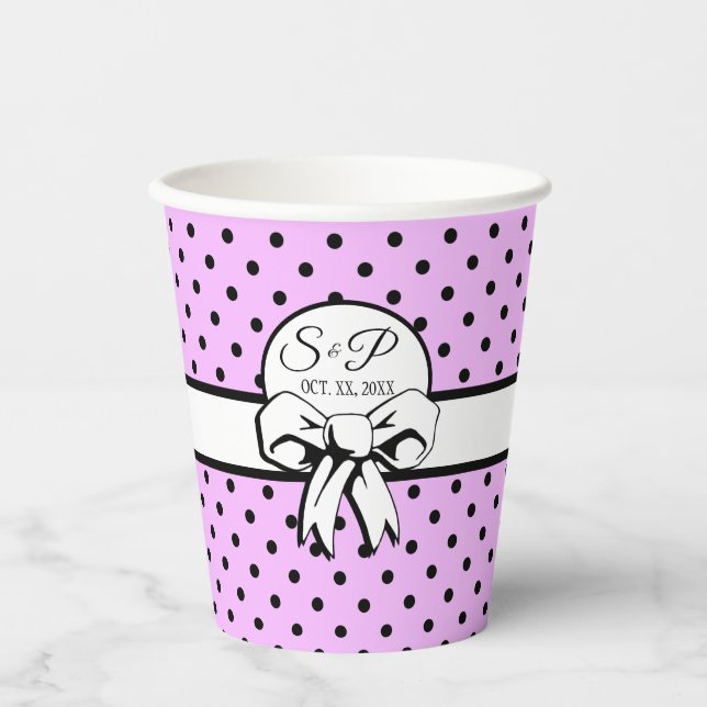 Lavender Black Polka Dot White Bow Personalized Paper Cups (Front)