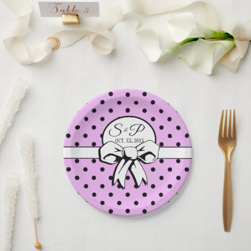 Lavender Black Polka Dot White Bow Personalized Paper Plates