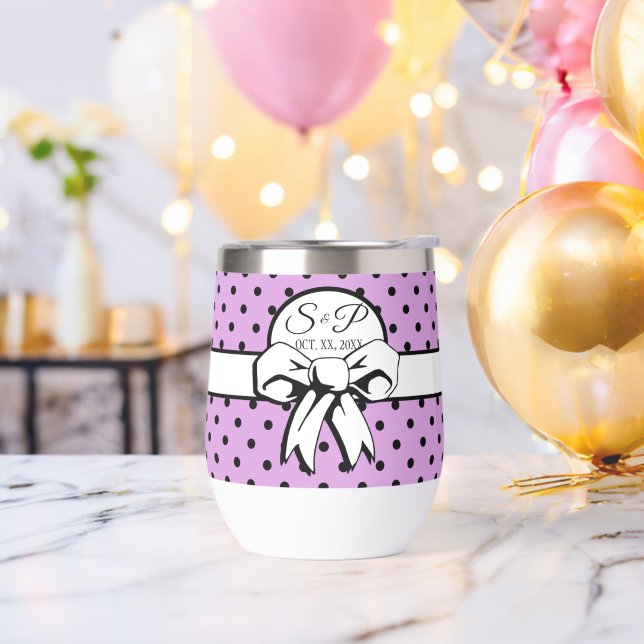 Lavender Black Polka Dot White Bow Personalized Thermal Wine Tumbler (Bachelor Party)