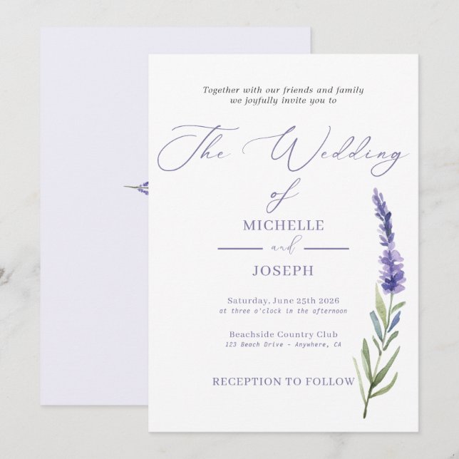 Lavender Bliss Elegant Watercolor Wedding Invitation (Front/Back)