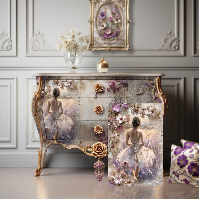 Lavender Blooms, Ballerina's back, Fantasy Tissue Paper (Lavender Blooms, Ballerina and Floral, Romantic, Shabby Chic, Furniture Decoupage Tissue Paper.)