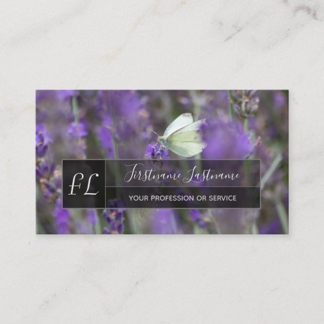 Lavender blossom butterfly gray rectangle monogram business card (Front)