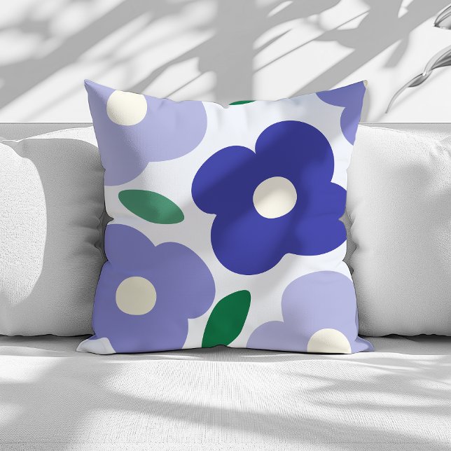 Lavender Blue Abstract Retro Flower Pattern Throw Pillow (hand drawn abstract flower throw pillow)