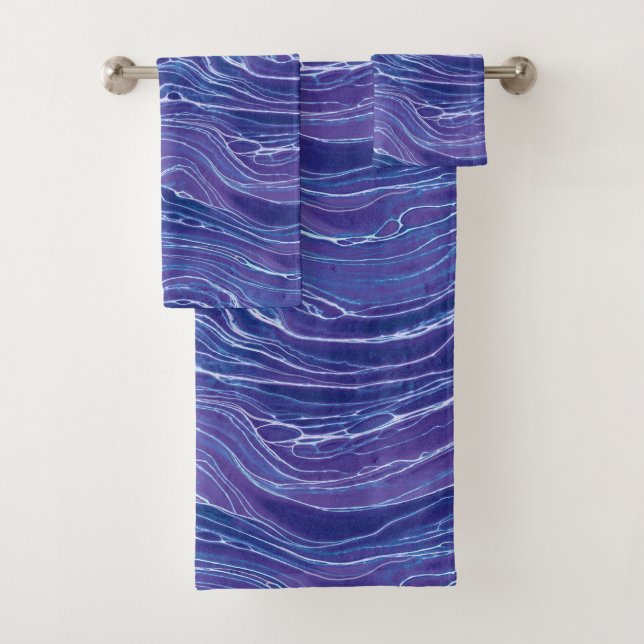 Lavender Blue Abstract Waves Pattern  Bath Towel Set (Insitu)