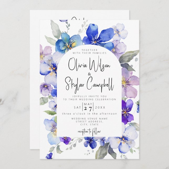 Lavender Blue Floral Arch QR Code All In 1 Wedding Invitation (Front/Back)