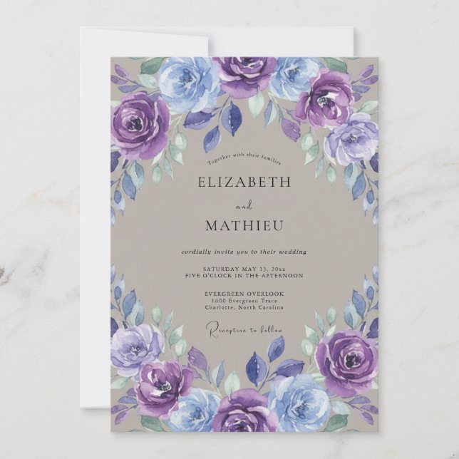 Lavender Blue Floral Blossom Wedding Invitation (Front)