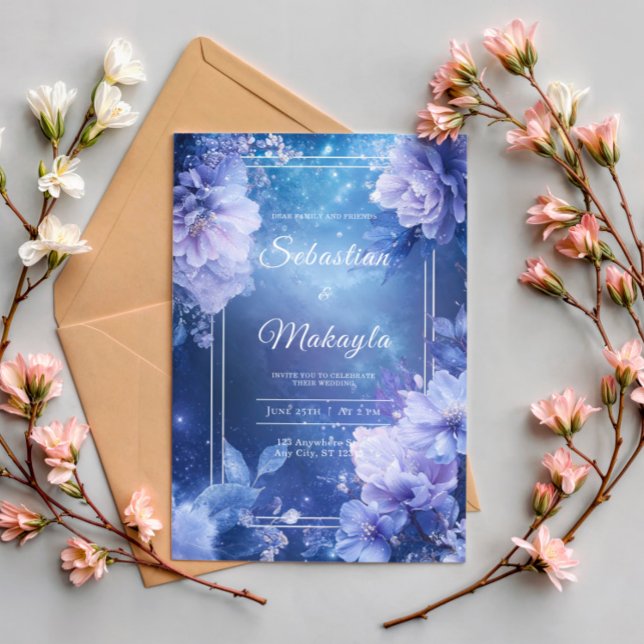 Lavender Blue Floral Starry Nebula Elegant Invitation (Creator Uploaded)
