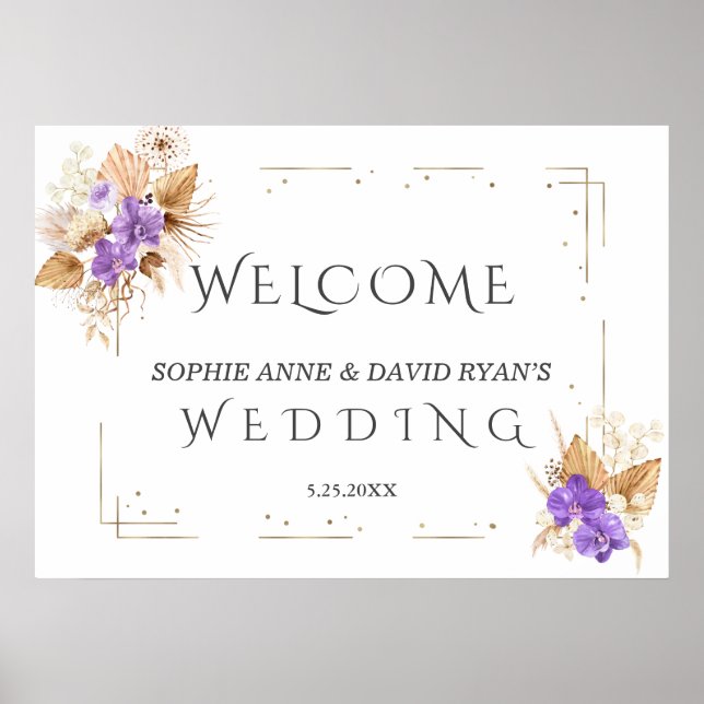 Lavender Blue Flowers Gold Wedding Welcome Sign (Front)