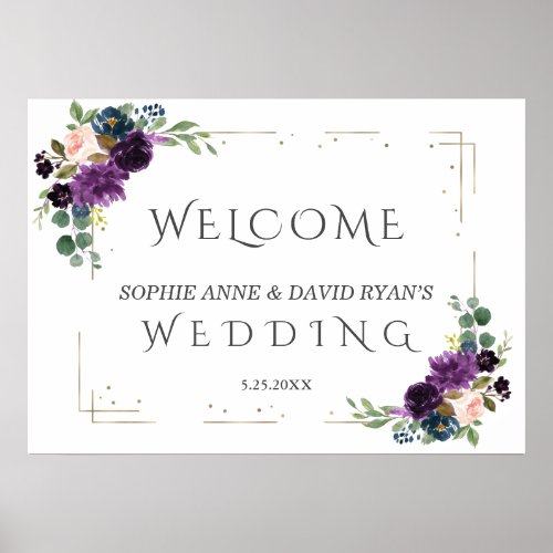 Lavender Blue Flowers Gold Wedding Welcome Sign