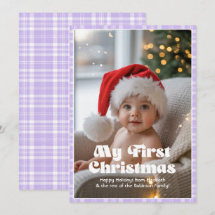 Lavender Blue Gingham My First Christmas Baby Holiday Card