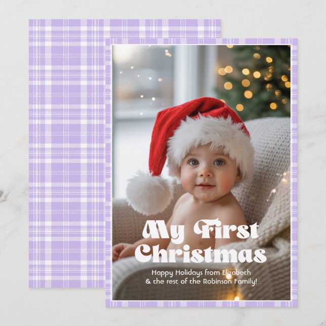 Lavender Blue Gingham My First Christmas Baby Holiday Card (Front/Back)