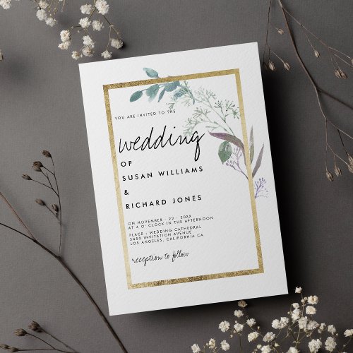Lavender blue gold mint green leaf spring wedding  invitation