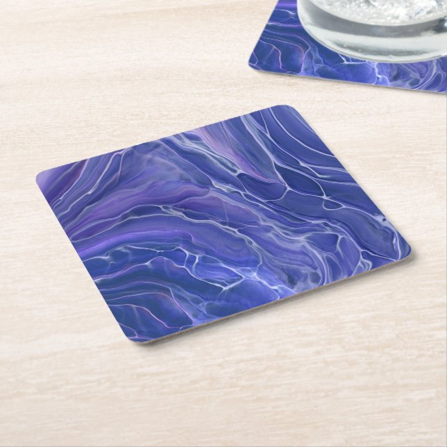 Lavender Blue Marble Acrylic Abstract Square Paper Coaster (Angled)