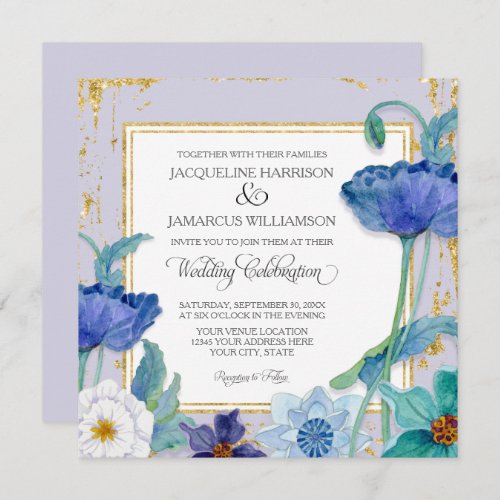 Lavender Blue n White Watercolor Floral Gold Frame Invitation
