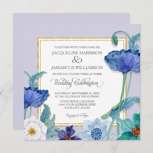 Lavender Blue n White Watercolor Floral Poppy Leaf Invitation