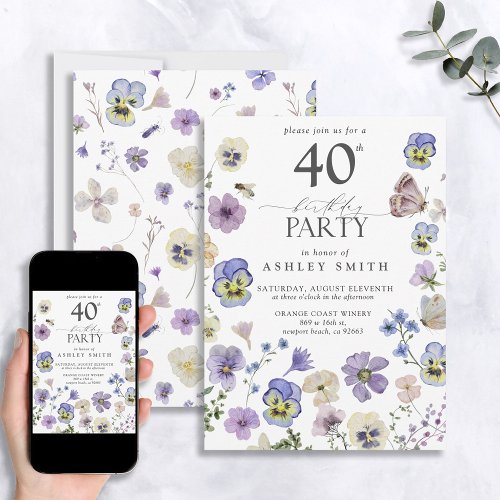 Lavender Blue Pressed Floral 40th Birthday Invitat Invitation