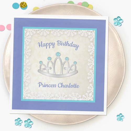 Lavender Blue Princess Tiara Birthday Paper Napkin