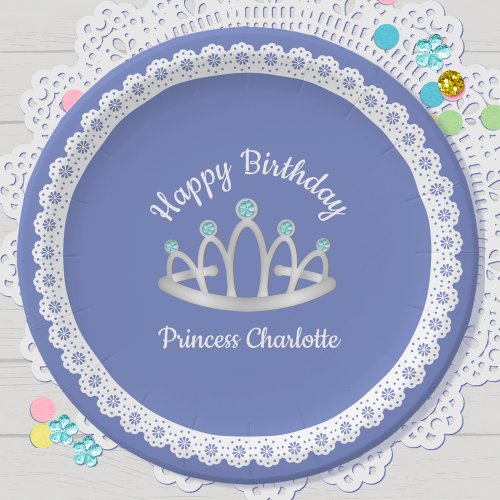 Lavender Blue Princess Tiara Birthday Paper Plate