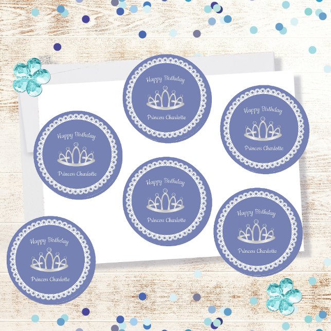 Lavender Blue Princess Tiara Birthday Party Classic Round Sticker (Creator Uploaded)
