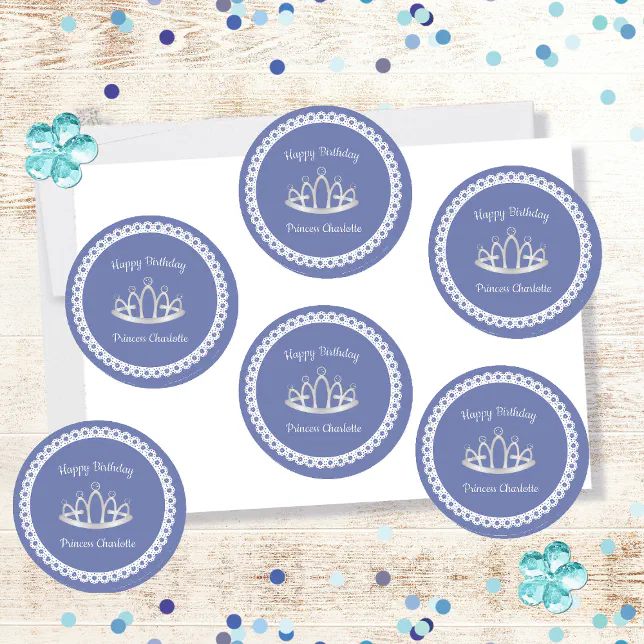 Lavender Blue Princess Tiara Birthday Party Classic Round Sticker | Zazzle