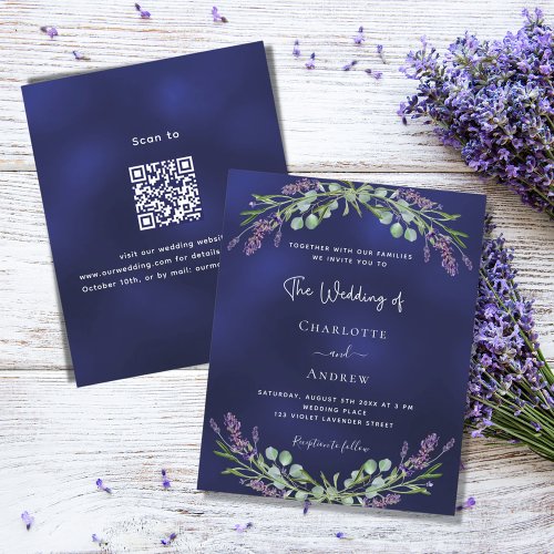 Lavender blue QR RSVP budget wedding invitation