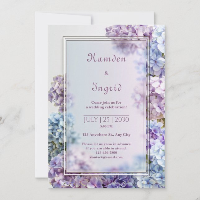 Lavender Blue Soft Focus Hydrangea Frame Wedding Invitation (Front)