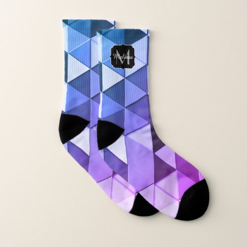 Lavender blue triangle geometric pattern Monogram Socks