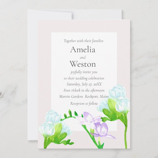 Lavender Blue Watercolor Freesia Flowers Wedding Invitation (Front)