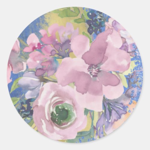 Lavender Blues Watercolor Floral Glitter Classic Round Sticker