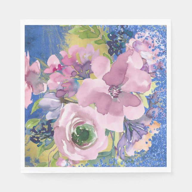 Lavender Blues Watercolor Floral Glitter Napkins (Front)