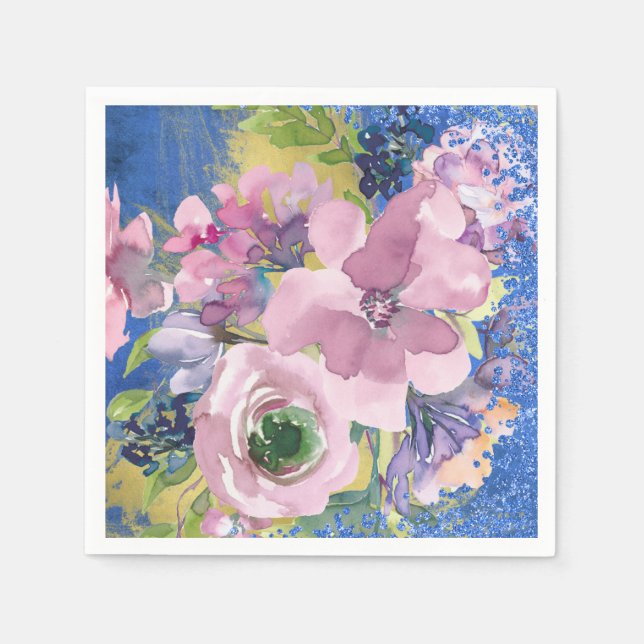 Lavender Blues Watercolor Floral Glitter Napkins (Front)