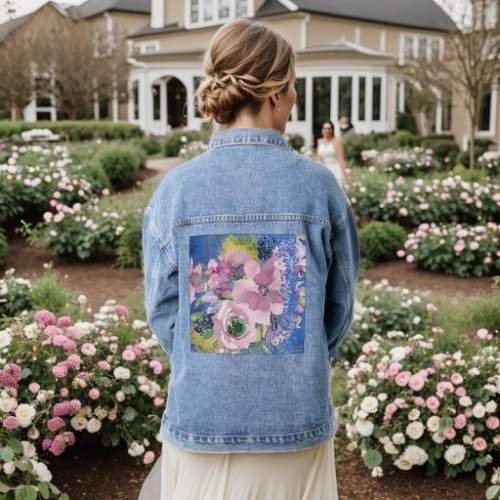 Lavender Blues Watercolor Floral Glitter on Pink Denim Jacket