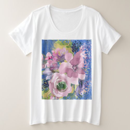 Lavender Blues Watercolor Floral Glitter Plus Size T_Shirt