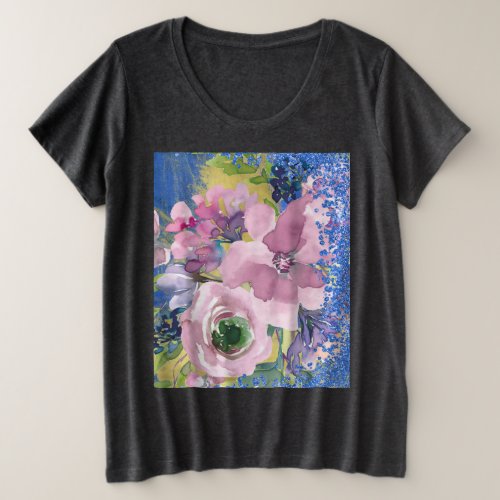 Lavender Blues Watercolor Floral Glitter Plus Size T_Shirt